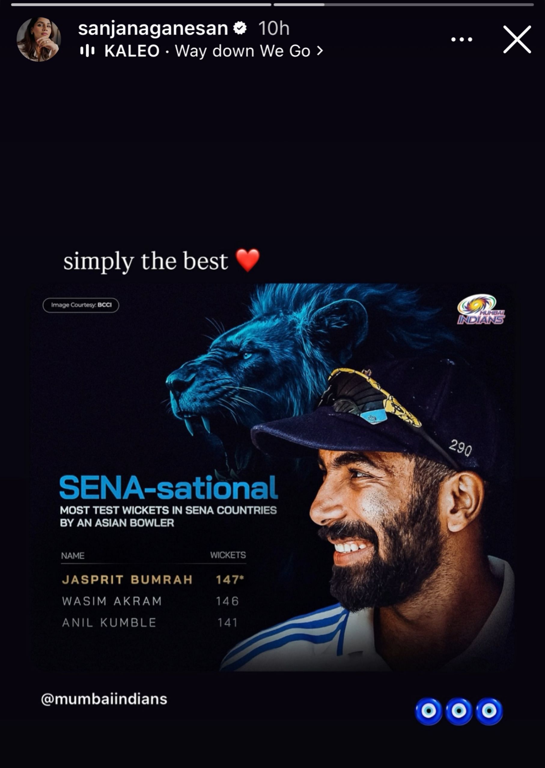 Sanjana Ganesan's heartwarming story for Jasprit Bumrah (Image via Instagram-@sanjanaganesan)